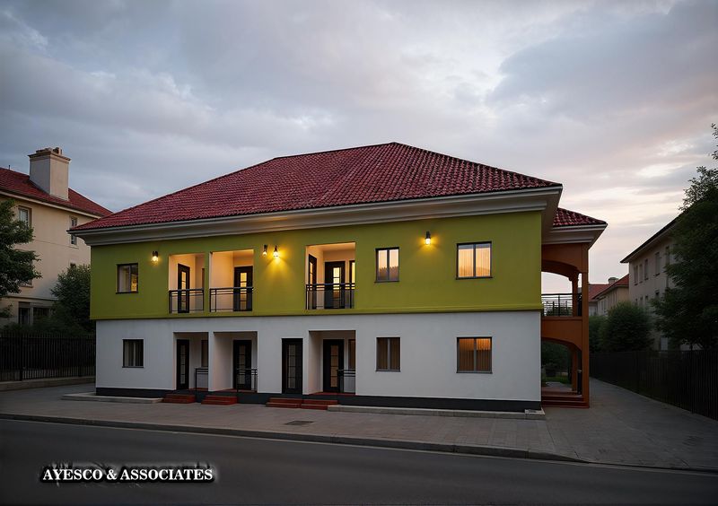 3D visualisation of a two-storey apartment building at sunset
