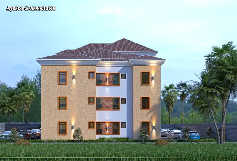3D visualisation of a three-storey apartment block with a hipped red roof