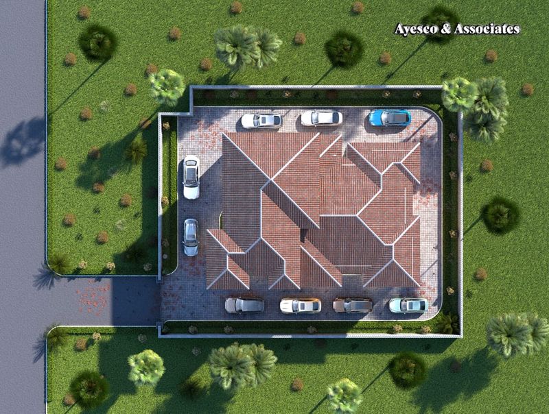 Aerial 3D visualisation of a site plan with the building footprint and parking