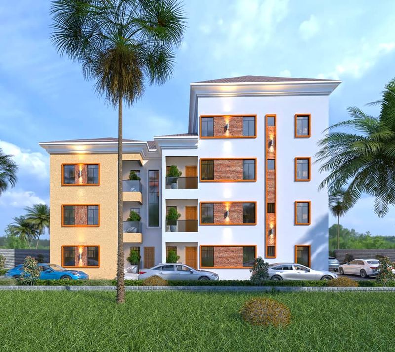 3D visualisation: White and sand-coloured apartment block with parking in front