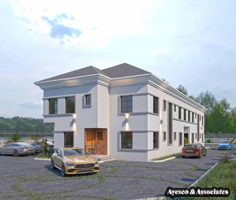 3D visualisation of a white two-storey building with a timber front door