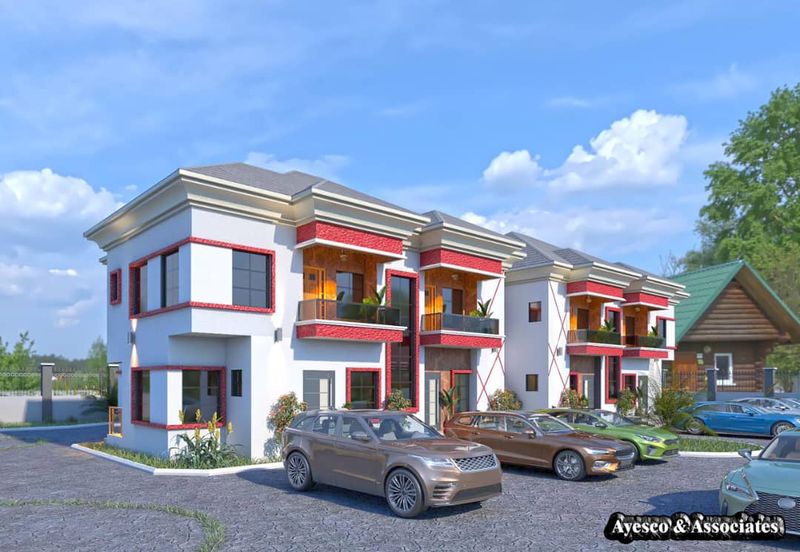 3D visualisation: Row of terrace houses with red window frames