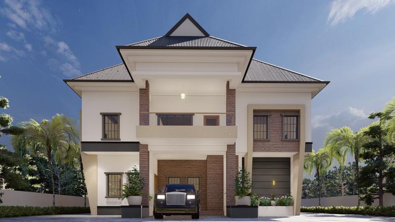 3D visualisation of a two-storey villa with a red brick feature wall