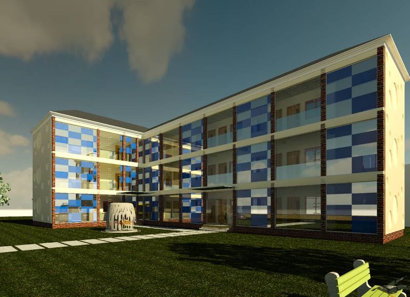 3D visualisation: Three-storey school block with blue and white facade panels
