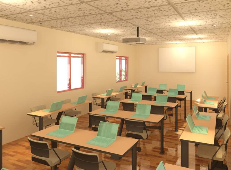3D visualisation: Classroom interior with desks, chairs and a projector