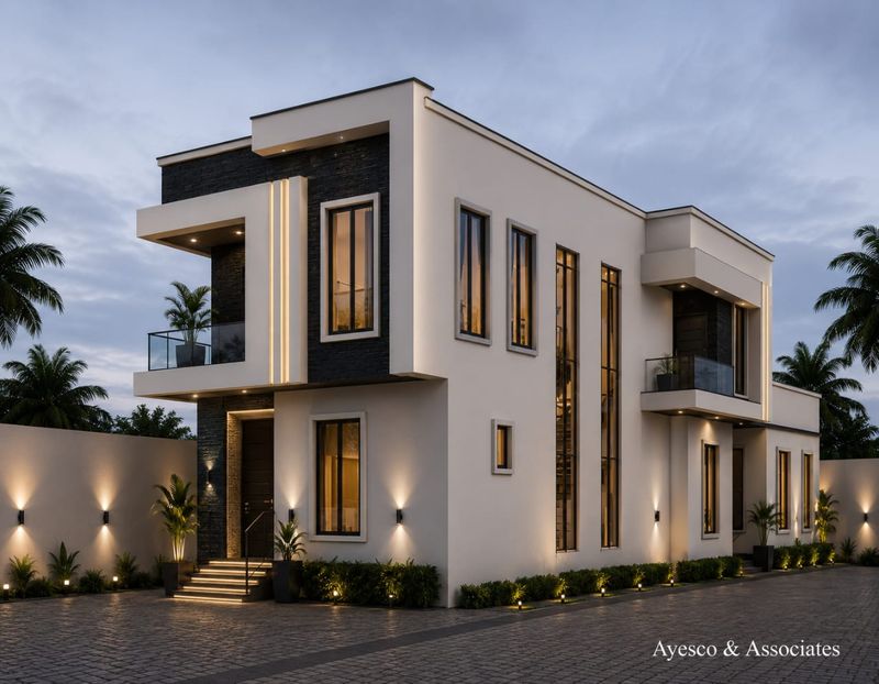 3D visualisation: Contemporary two-storey villa at dusk
