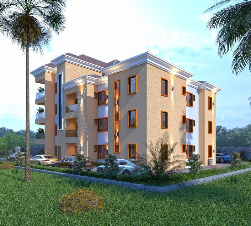 3D visualisation: Three-storey apartment block with palm trees and parking
