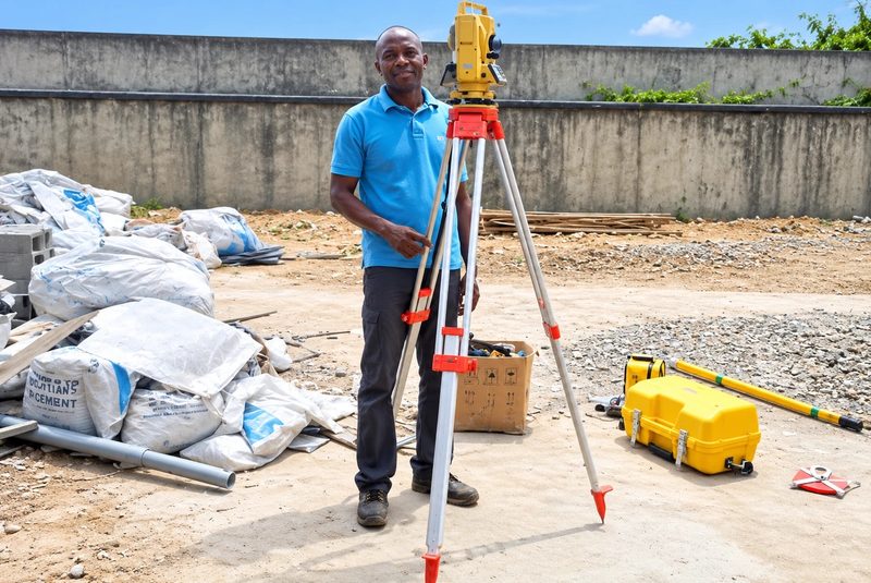 Surveyor with a total station on a tripod at a construction site